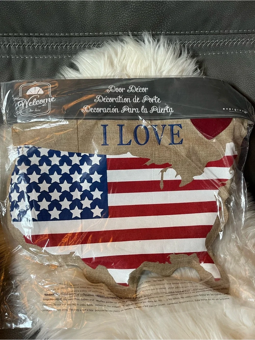 NWOT I LOVE USA Burlap Door Decor Banner
